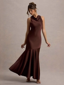 Elegant chocolate brown satin fishtail maxi dress with cowl neck for formal evening banquets