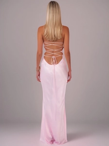 Elegant backless satin maxi dress in light pink with criss-cross tie-back design
