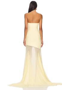 Elegant strapless cream evening gown with slim fit silhouette and sheer mesh fishtail hem