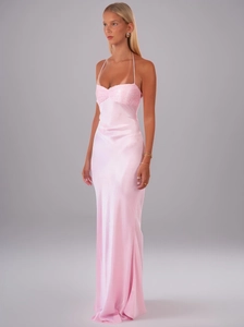 Detail of light pink satin maxi dress featuring sequin bodice and delicate halter straps