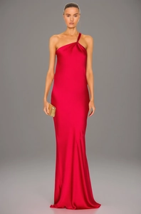Detailed view of elegant red satin floor-length dress with a sleek one-shoulder neckline