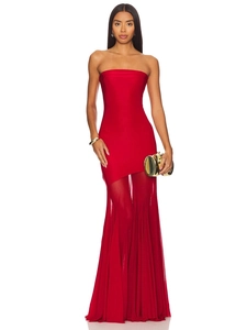 Elegant red tube top mermaid dress with mesh pleated hem for formal evening parties