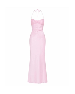 Detail of pink satin evening gown featuring sequined bust and neck tie fastening