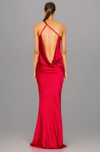 Detail of elegant backless satin dress showing the cowl drape and thin cross straps