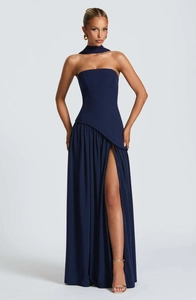 Detail of navy blue tube top dress featuring a high side slit and matching choker accessory