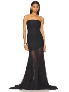 Elegant strapless black tube dress with slim fit bodice and sheer mesh mermaid hemline