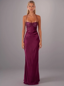 Elegant plum satin evening maxi dress with sequin bodice and halter neck for women