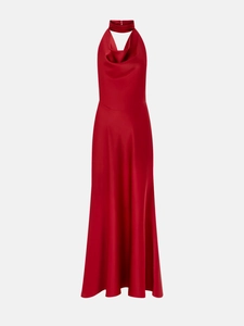 Detail of red satin cowl neck maxi dress showing smooth fabric texture and drape