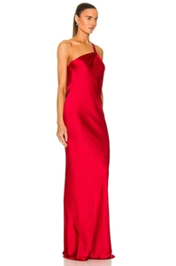 Detailed view of the luxury red satin fabric with elegant sheen and smooth texture