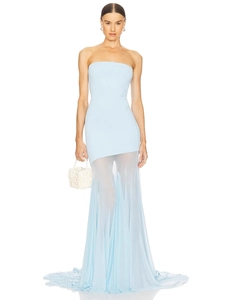 Light blue strapless bodycon dress with asymmetric sheer mesh mermaid hemline long dress