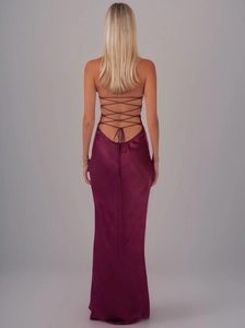 Elegant backless burgundy satin maxi dress with crisscross straps and mermaid silhouette
