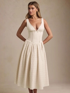 Vestito Midi a Spalline da Donna Elegante con Scollo a V e Ricamo Traforato Aderente Sexy con Fiocco Retrò Senza Maniche