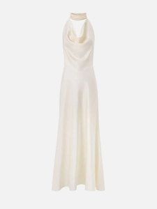 Detailed view of the elegant ivory satin cowl neck and halter design on this maxi dress