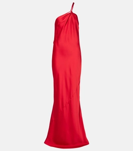 Detail of elegant red satin evening gown featuring draped neckline and fine strap