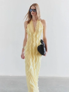 Women Sexy Halter Backless Ruffle Maxi Dress Elegant Solid Color Polyester Long Dress For Summer Beach Vacation Party