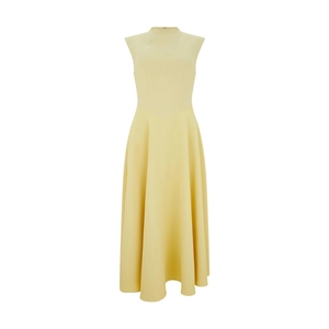 Detailed view of elegant pale yellow high-neck sleeveless A-line dress with smooth fabric