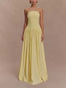 Robe Maxi Bustier Smockée pour Femmes Sexy Dos Nu Fente Haute Plissée Ligne A Vacances d'Été Fête Robe Longue Unie