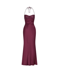 Close-up of the sequined bodice and silky satin fabric on a burgundy evening gown