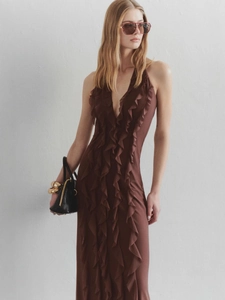 Elegant dark brown V-neck maxi dress featuring dramatic ruffled front detailing and open back