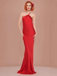 Women Red Satin Maxi Dress Sexy One Shoulder Backless Evening Gown Elegant Slim Fit Mermaid Halter Party Dress High End Banquet Wear