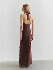 Elegant solid brown halter backless maxi dress with tiered ruffle details and a flowing fit