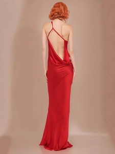 Elegant red satin backless evening maxi dress with thin straps and a luxurious finish