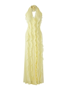 Elegant yellow halter maxi dress with layered vertical ruffles and deep V-neckline