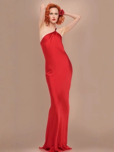 Elegant red satin bodycon evening gown with backless halter neck and mermaid silhouette