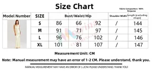 Size guide with 100% polyester fabric info for this elegant satin sleeveless long dress