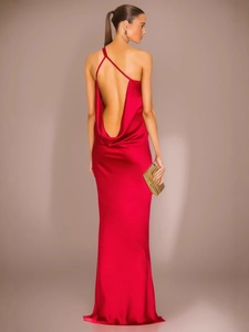 Elegant red satin backless evening gown with a high-shine finish and a long floor-length cut