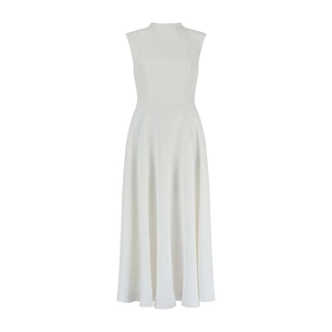 Detailed view of the white sleeveless high-neck dress with a slim fit-and-flare silhouette