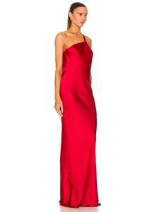 Elegant red satin evening dress with one-shoulder design and slim fit long silhouette