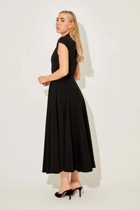 Elegant black A-line midi dress with cap sleeves and cinched waist for formal events