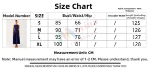 Detailed size chart for the sleeveless denim style maxi dress with S to XL measurements