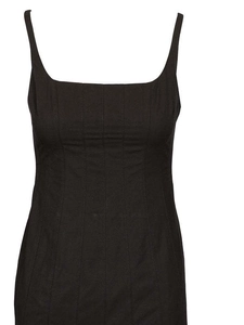 Detail view of the vertical stitching on this black square-neck camisole dress