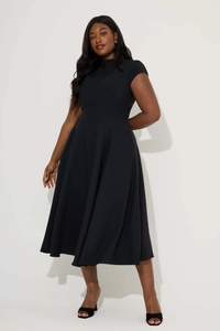 Front full view of an elegant black mid-length dress with a cinched waist and flared hem