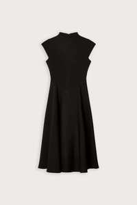 Detailed structured seam lines on an elegant black mock neck sleeveless A-line dress