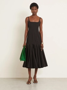 Women French Spaghetti Strap Midi Dress Square Neck Pleated A-Line Swing Party Dress Summer Elegant Slim Fit Solid Color Polyester Dress