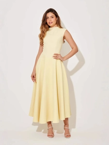 Women Elegant Mock Neck Sleeveless Maxi Dress French Style Solid Color A-Line Evening Party Dress High Waist Flowy Long Gown