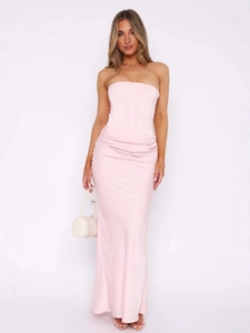 Damen Sexy Trägerloses Satin Maxi Kleid Korsett Fischgräte Schnürung Rücken Bodycon Gerafft Draped Langes Kleid Hochzeit Party Club Abendkleid