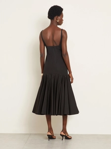 Elegant black french slip midi dress with pleats and backless square neck design