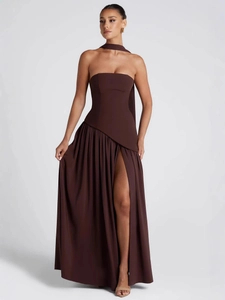 Sleek chocolate tube top dress with high slit and asymmetric pleated floor length skirt