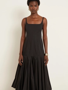 Elegant black midi A-line dress with square neckline and pleated skirt for summer wear