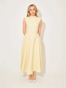 Elegant sleeveless high-neck A-line maxi dress in soft cream yellow for women