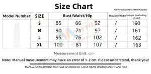 Detailed size chart for white evening dress featuring measurements from S to XL in centimeters