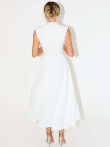 Elegant white sleeveless high-neck A-line dress with seamless back zipper for women