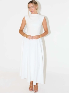Elegant white sleeveless high-neck maxi dress with a pleated A-line skirt for women