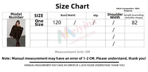 Detailed size chart for solid color elegant wool-like cape coat with 100% polyester fabric