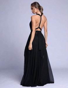 Detail view of the backless multiway black gown featuring sheer mesh fabric and lace-up straps