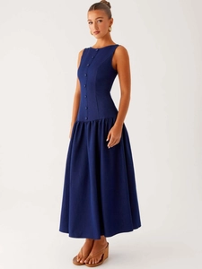 Deep blue sleeveless denim maxi dress with button front and pleated waist design
